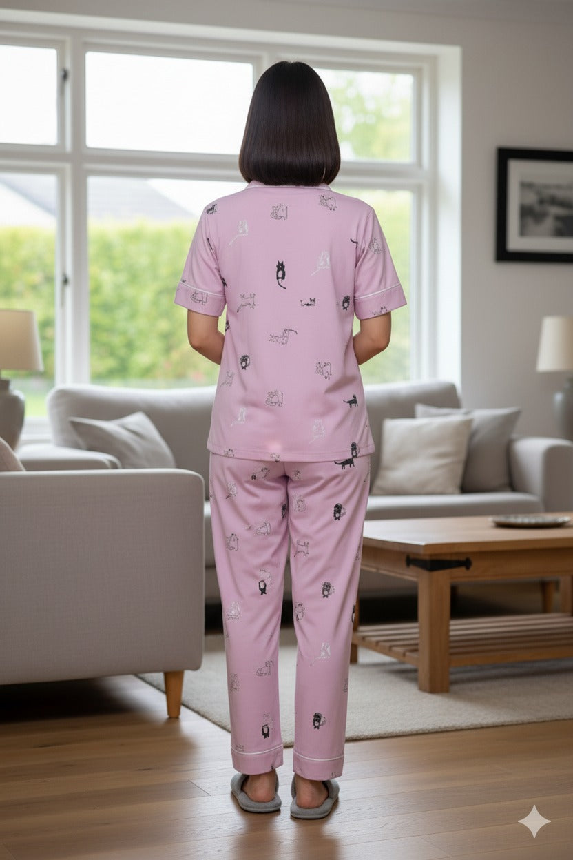 Purrfect Dreams Nightwear (Half Sleeve) | Women Premium Cotton Nightwear | Miazi