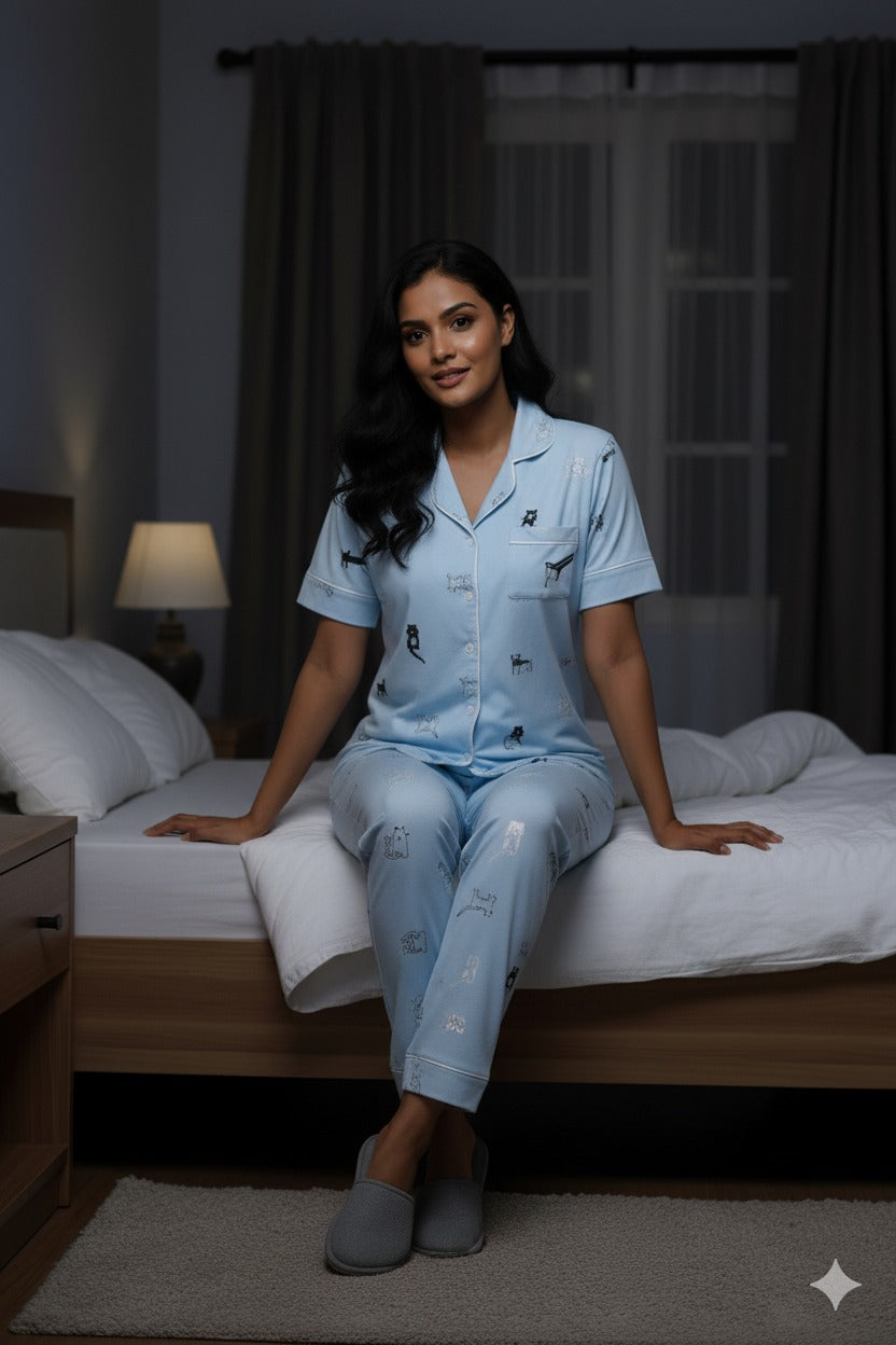 Purrfect Dreams Nightwear (Half Sleeve) | Women Premium Cotton Nightwear | Miazi