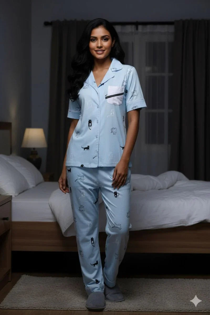 Purrfect Dreams Nightwear (Half Sleeve) | Women Premium Cotton Nightwear | Miazi MX_HS_TPS13