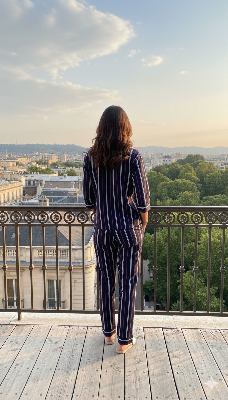 Navy Blue Stripped Premium Cotton Nightwear | Women Premium Cotton Nightwear | Miazi