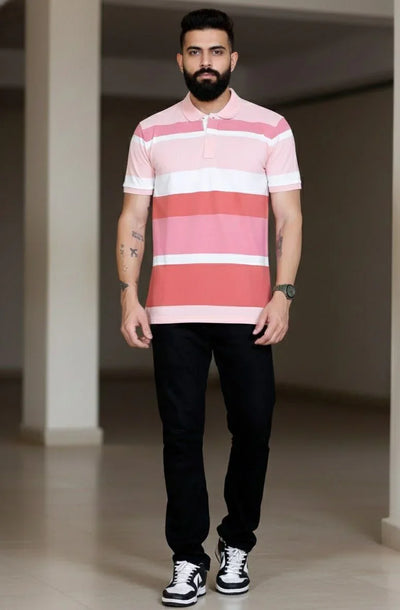 Mens Pink Stripes Polo | Men Premium Cotton Mens T Shirts | Miazi