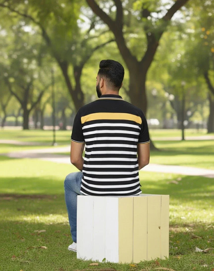 Mens Black/White Striper Polo | Men Premium Cotton Mens T Shirts | Miazi