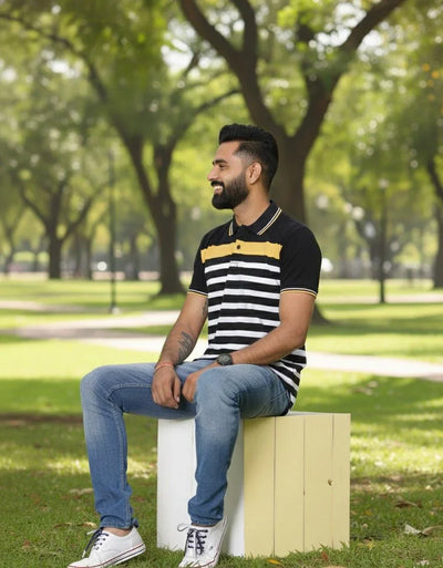 Mens Black/White Striper Polo | Men Premium Cotton Mens T Shirts | Miazi