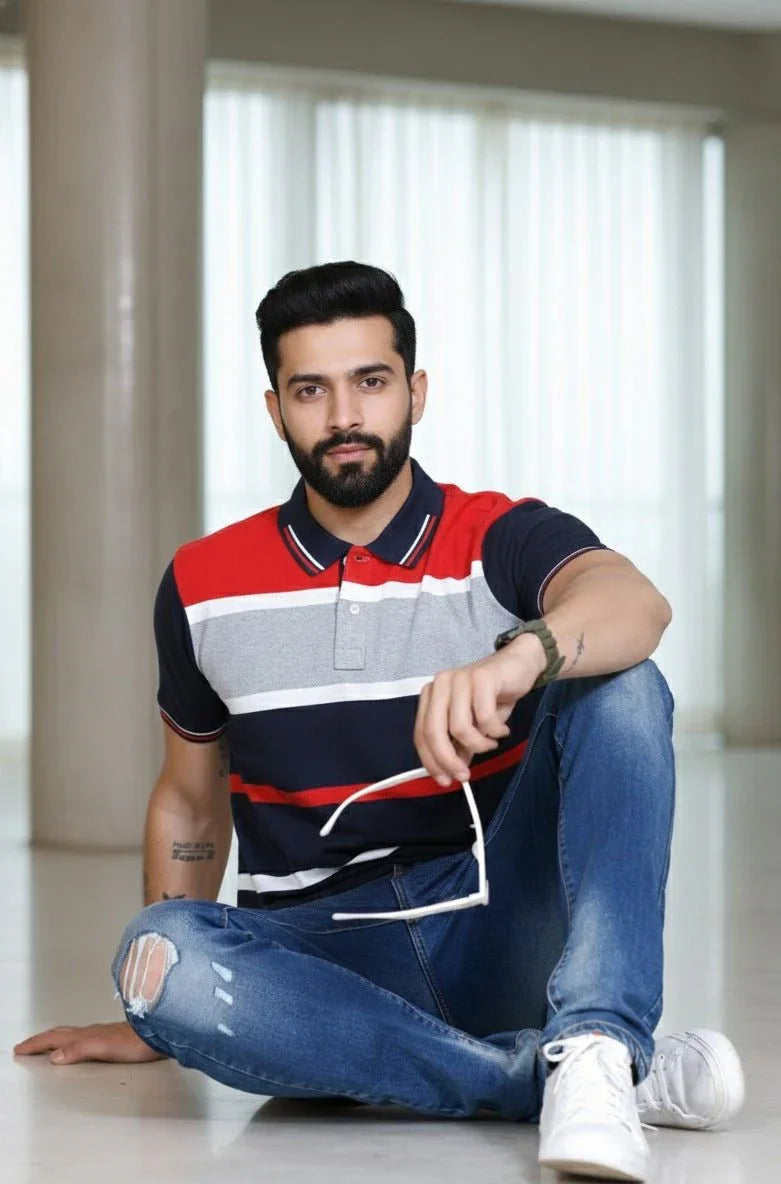Mens Blue/ Red Stripes Polo | Men Premium Cotton Mens T Shirts | Miazi
