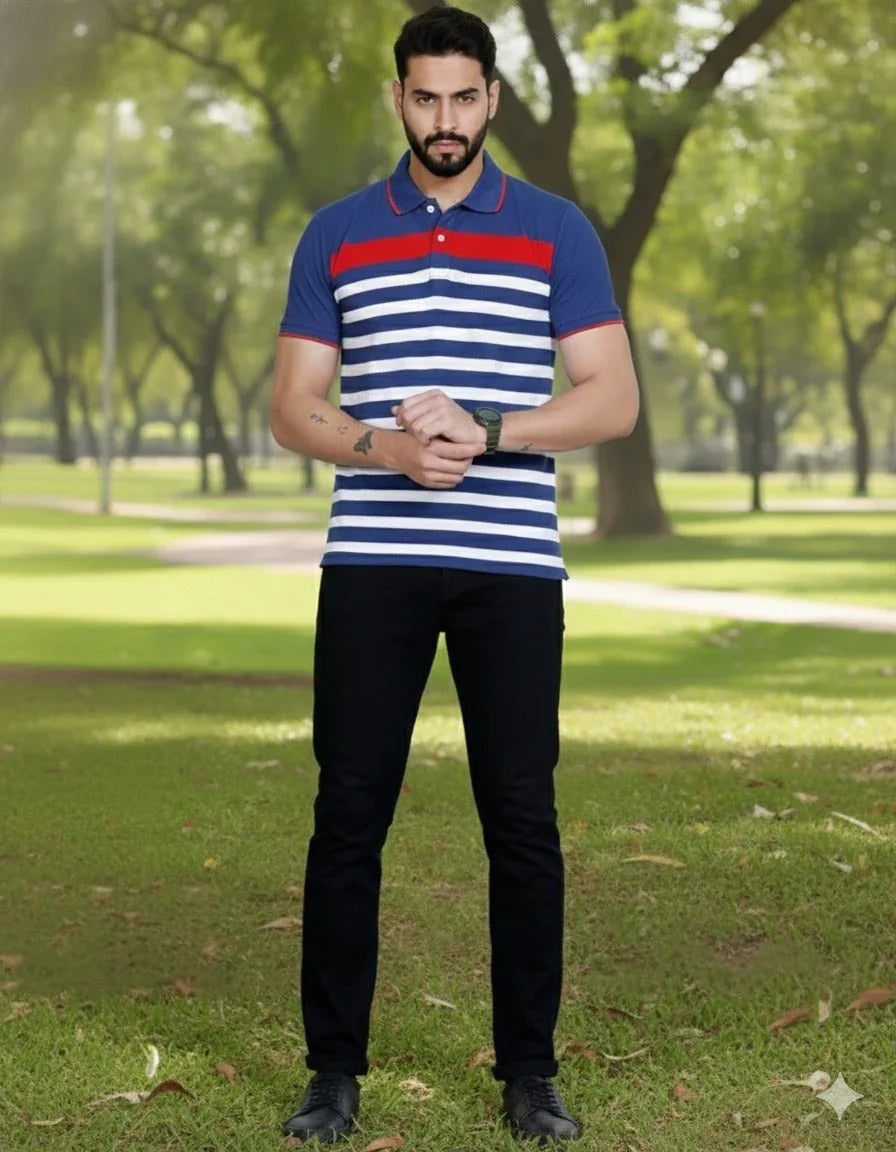 Mens Blue/White Stripes Polo | Men Premium Cotton Mens T Shirts | Miazi