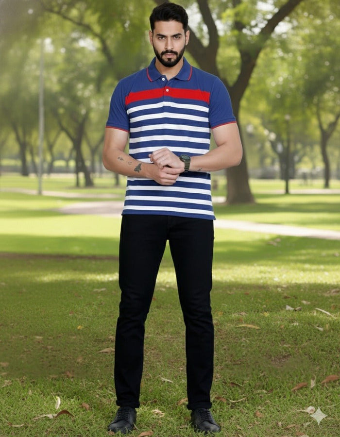 Mens Blue/White Stripes Polo | Men Premium Cotton Mens T Shirts | Miazi