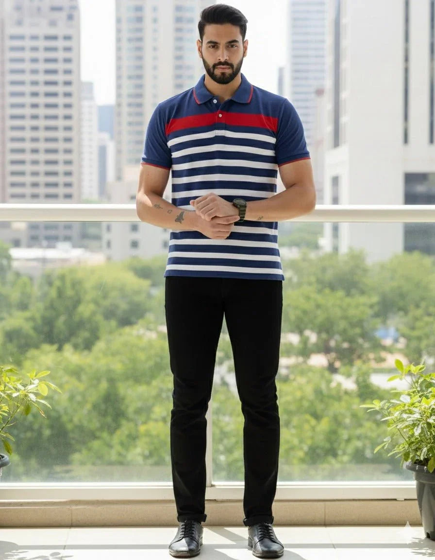 Mens Blue/White Stripes Polo | Men Premium Cotton Mens T Shirts | Miazi