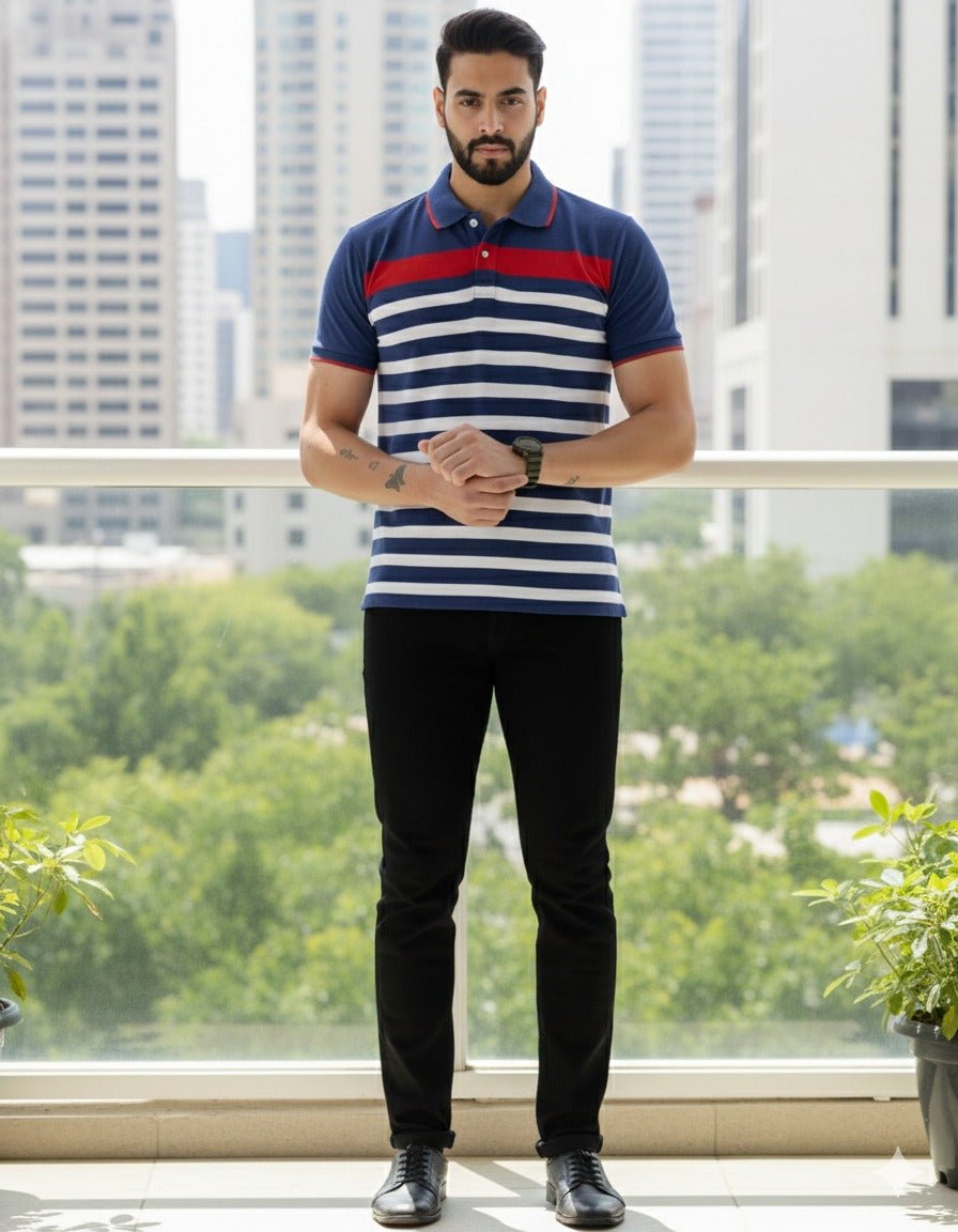Mens Blue/White Stripes Polo | Men Premium Cotton Mens T Shirts | Miazi