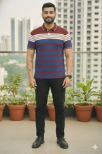 Mens Wine/Blue Stripes Polo | Men Premium Cotton Mens T Shirts | Miazi