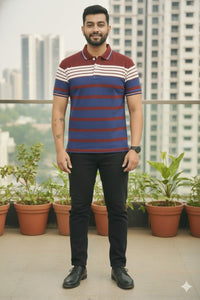 Mens Wine/Blue Stripes Polo | Men Premium Cotton Mens T Shirts | Miazi