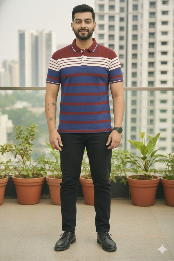 Mens Wine/Blue Stripes Polo | Men Premium Cotton Mens T Shirts | Miazi