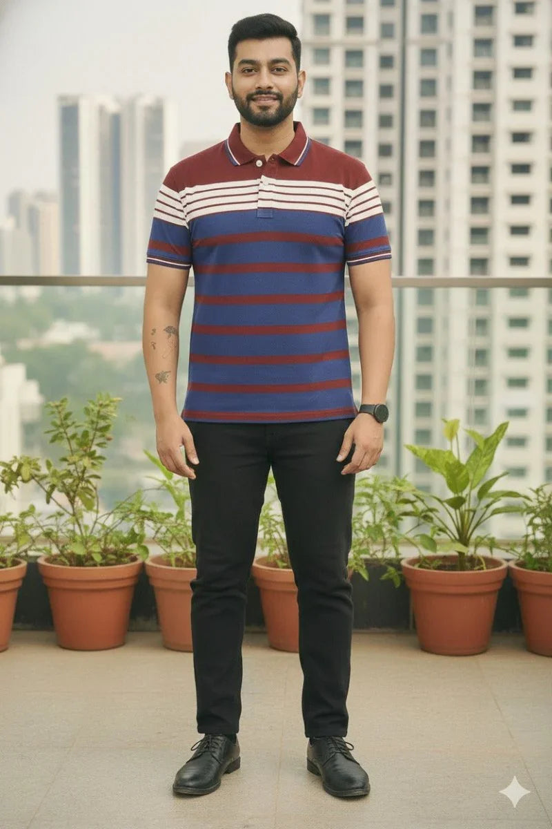 Mens Wine/Blue Stripes Polo | Men Premium Cotton Mens T Shirts | Miazi