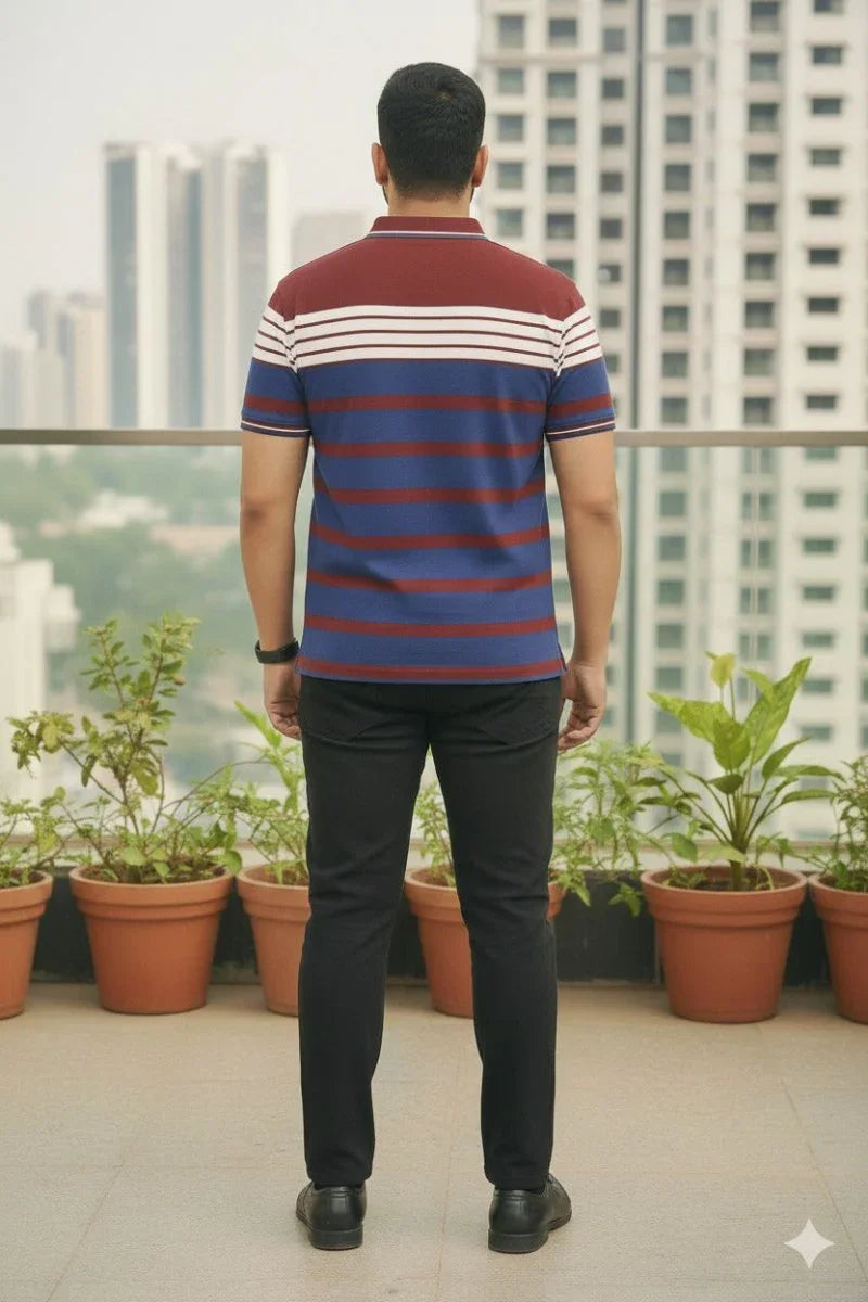 Mens Wine/Blue Stripes Polo | Men Premium Cotton Mens T Shirts | Miazi