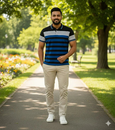 Mens Blue/White Stripes Polo | Men Premium Cotton Mens T Shirts | Miazi