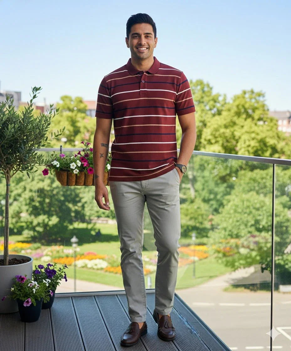 Mens Wine Stripes Polo | Men Premium Cotton Mens T Shirts | Miazi