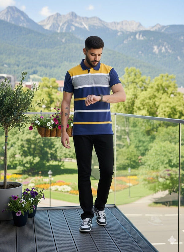 Mens Blue Yellow Striped Polo | Men Premium Cotton Mens T Shirts | Miazi