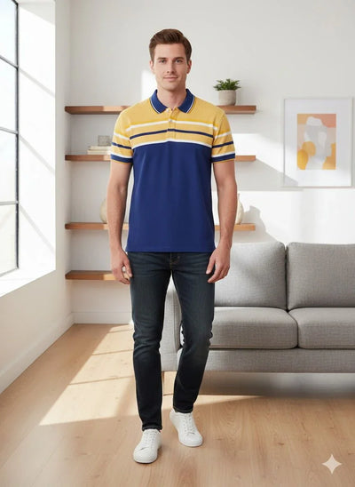 Yellow/Blue Stripes Polo | Premium Cotton Mens T Shirts | Miazi