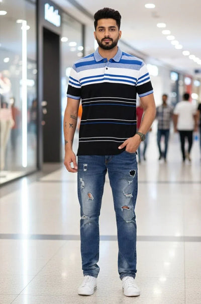 Mens Black/ White Stripes Polo | Men Premium Cotton Mens T Shirts | Miazi