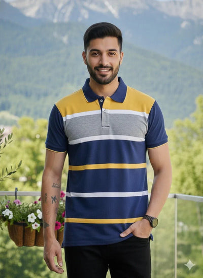 Mens Blue Yellow Striped Polo | Men Premium Cotton Mens T Shirts | Miazi