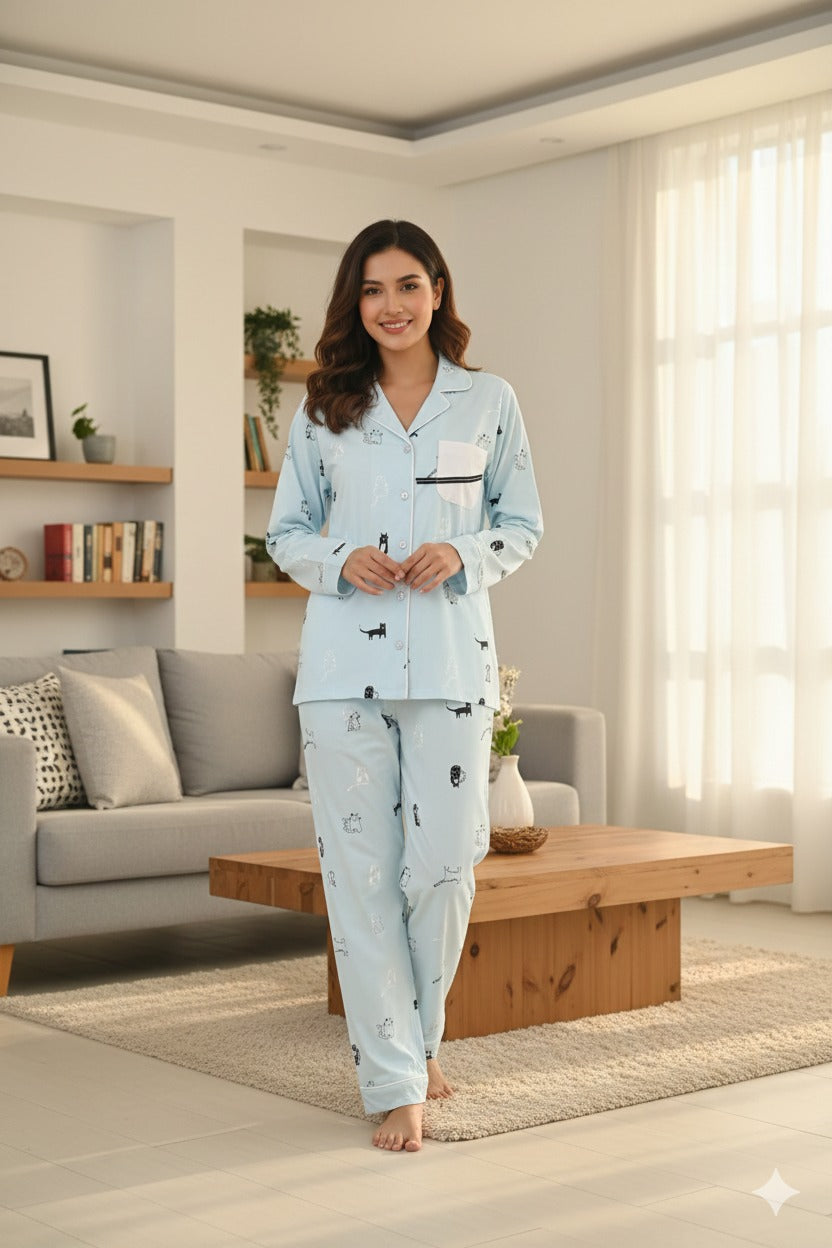 Purrfect Dreams Nightwear (Full Sleeve) | Women Premium Cotton Nightwear | Miazi
