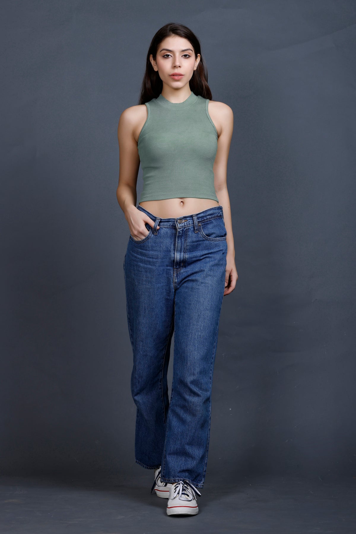 Mandarian Black/Aqua Green Rib | Women Premium Cotton Rib Tops | Miazi