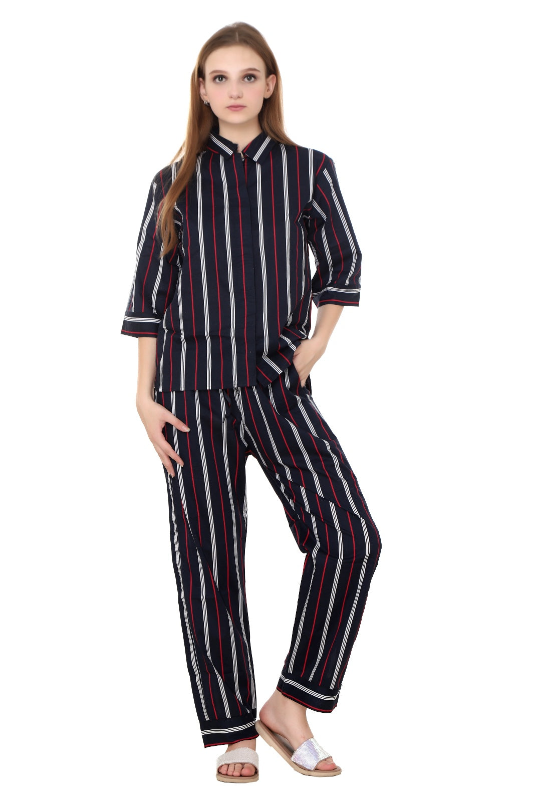 Navy Blue Red Striped Premium Quality Cotton Nightwear MX_FOS20