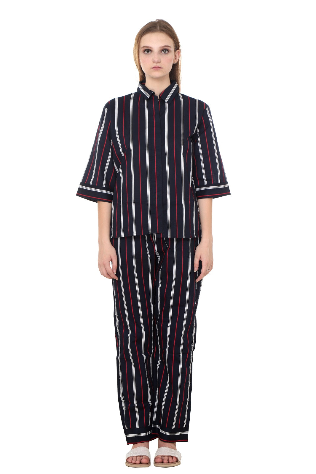 Navy Blue Red Striped Premium Quality Cotton Nightwear MX_FOS20