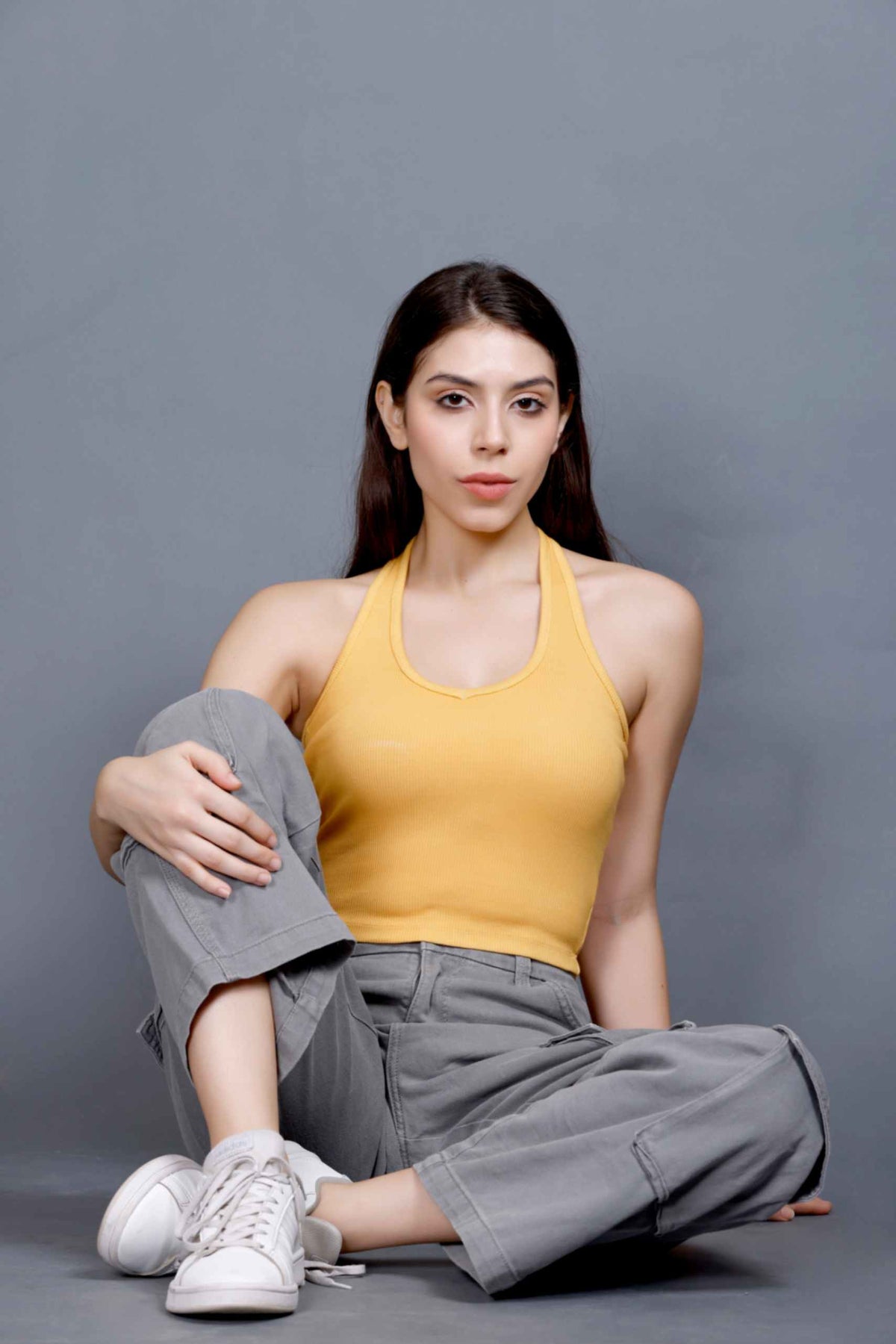 HALTER NECK RIB TOP YELLOW YLR8