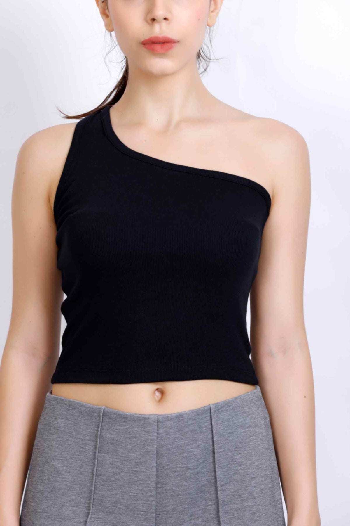 ONE SHOULDER RIB TOP BLACK BKR10