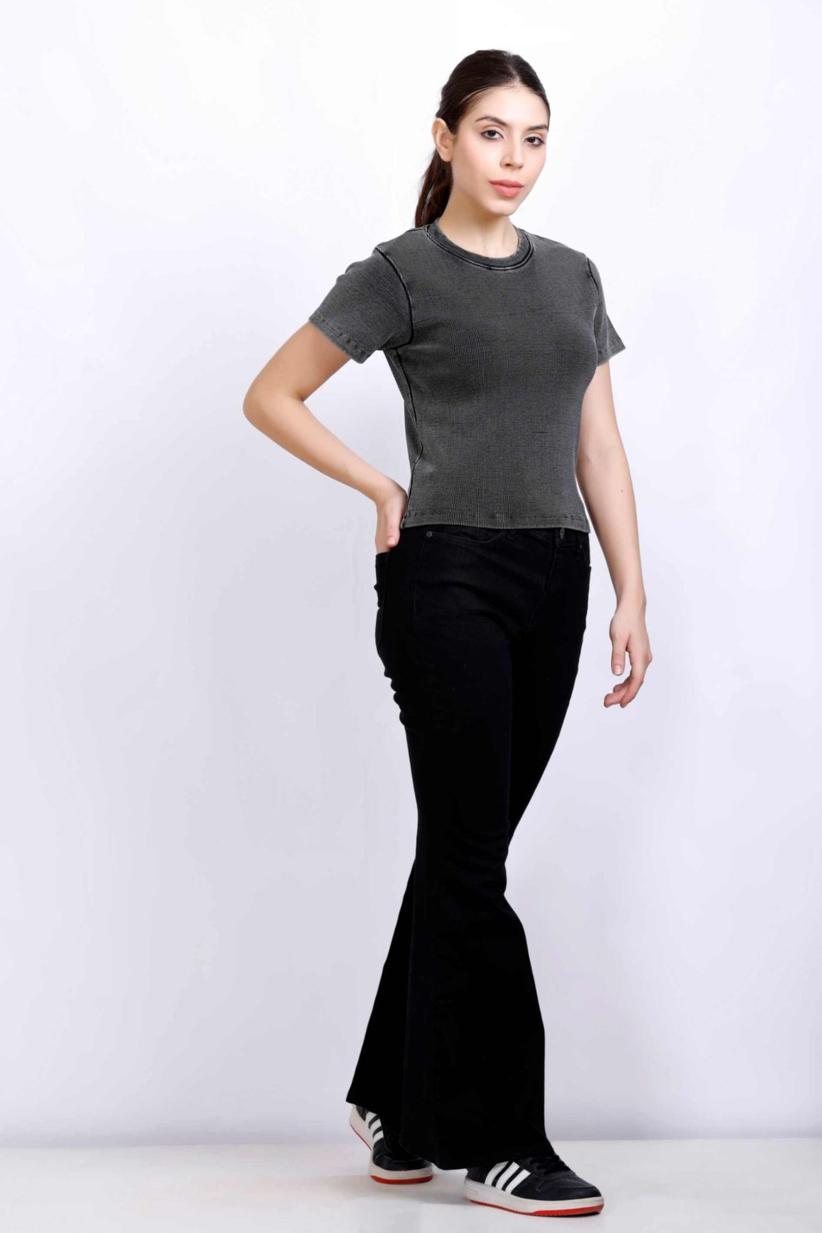 WASHED BASIC RIB TOP GREY BLACK