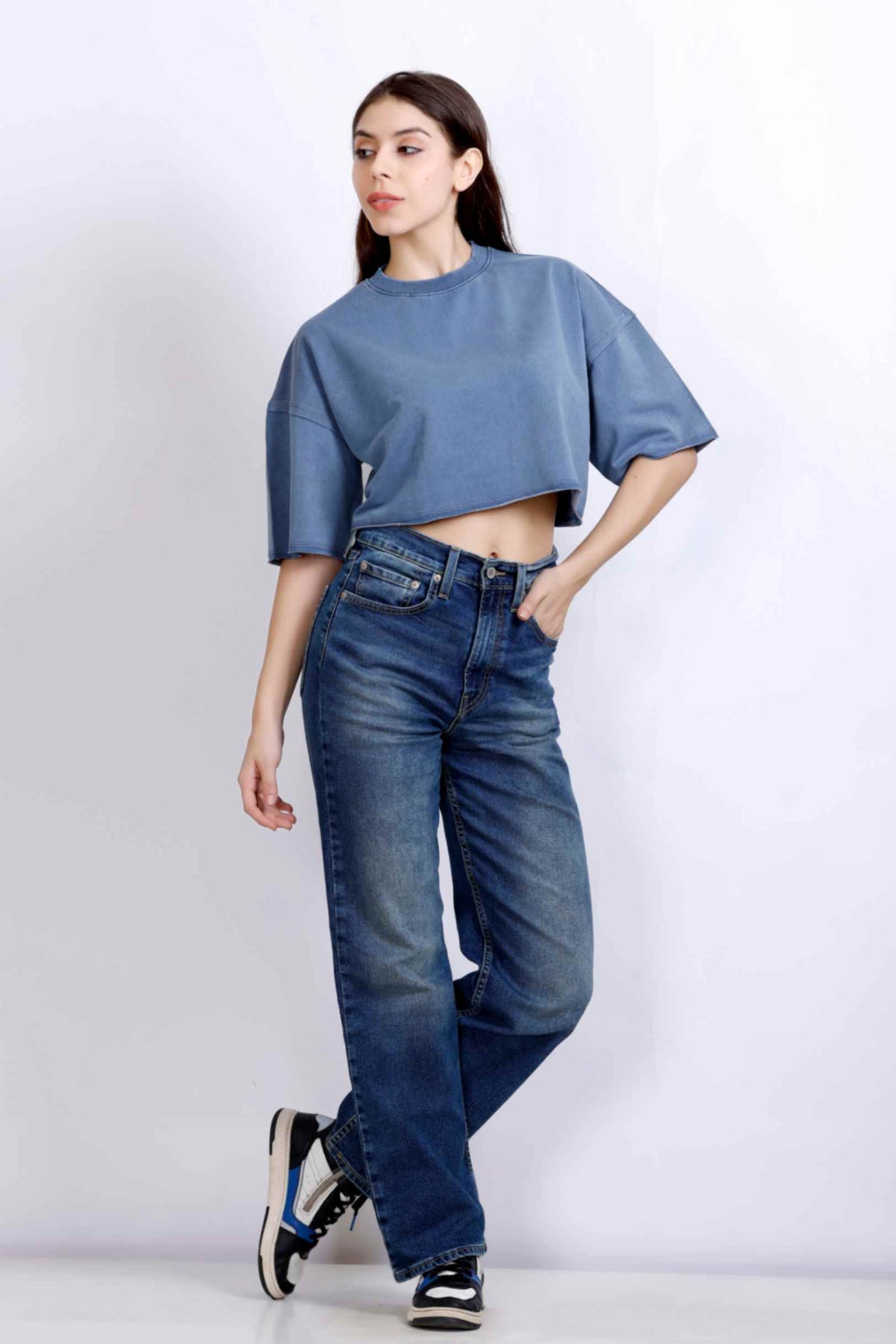 WASHED CROP T-SHIRT DENIM BLUE