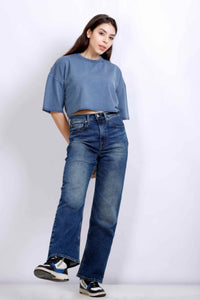 WASHED CROP T-SHIRT DENIM BLUE