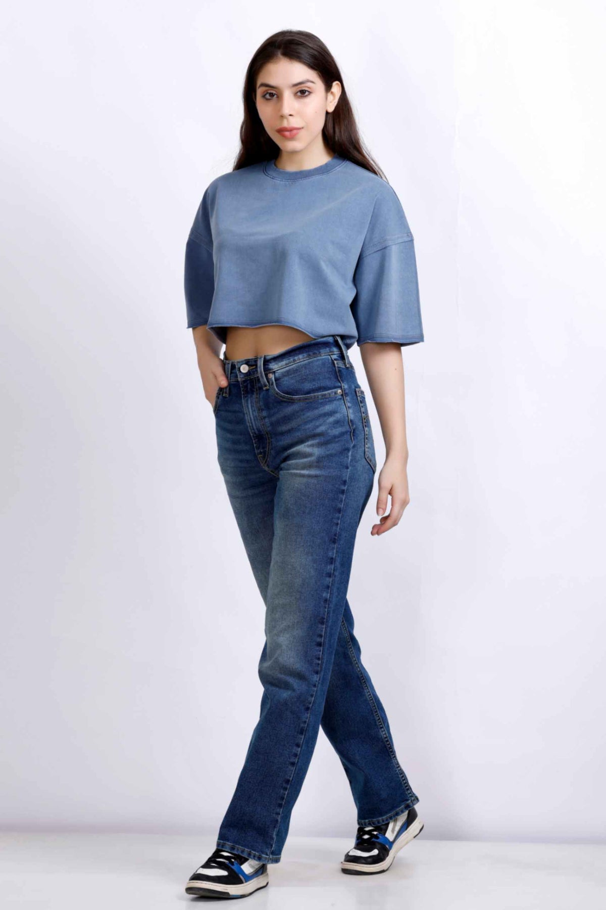 WASHED CROP T-SHIRT DENIM BLUE