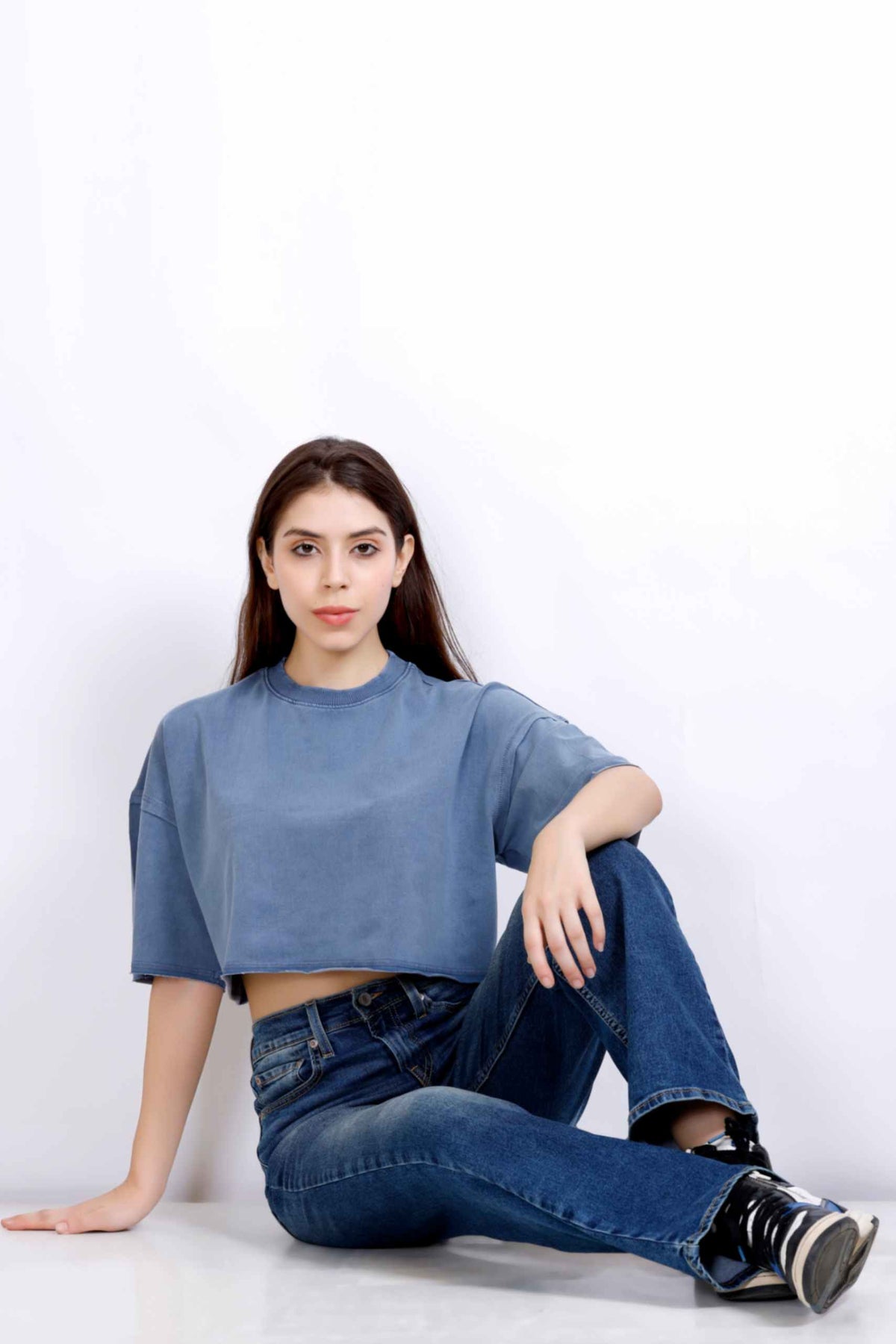 WASHED CROP T-SHIRT DENIM BLUE