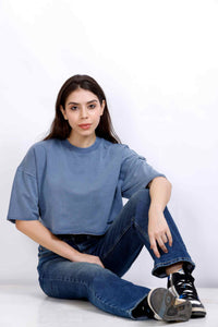 WASHED CROP T-SHIRT DENIM BLUE