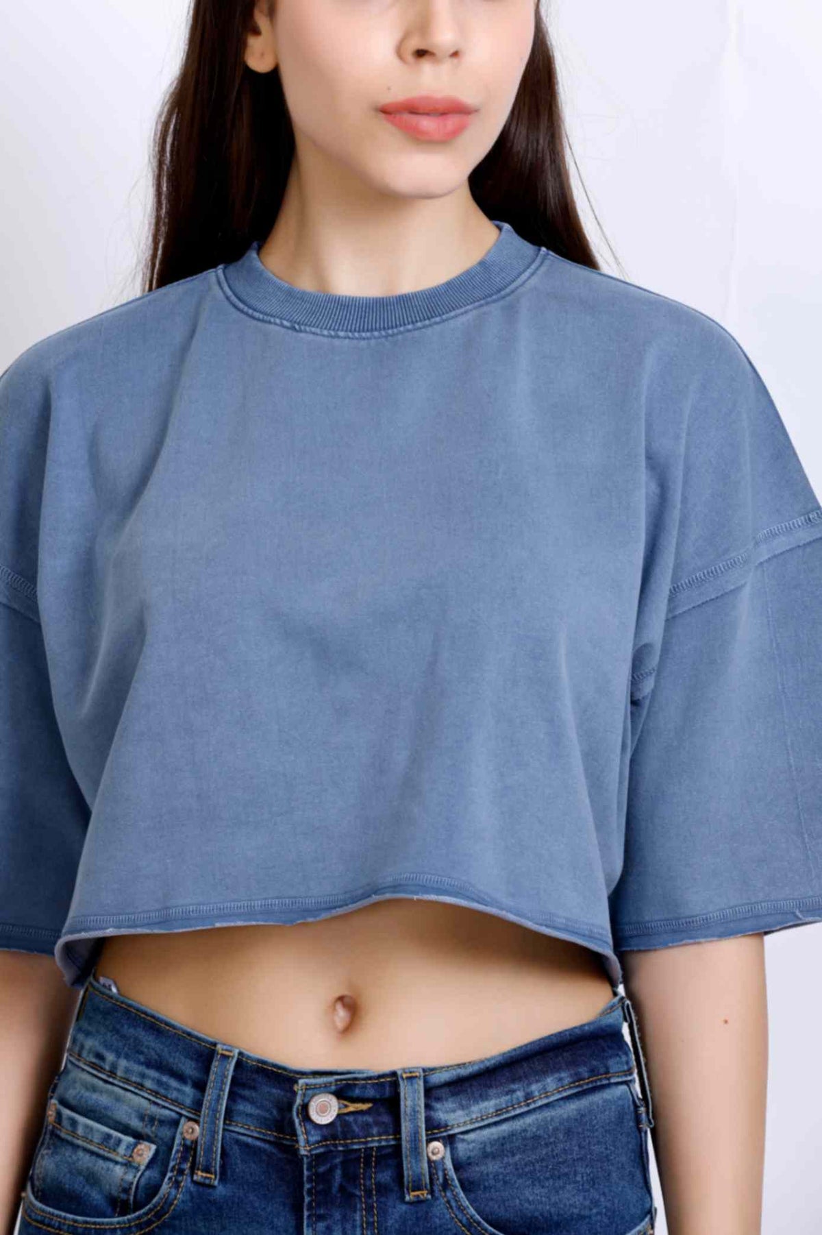 WASHED CROP T-SHIRT DENIM BLUE