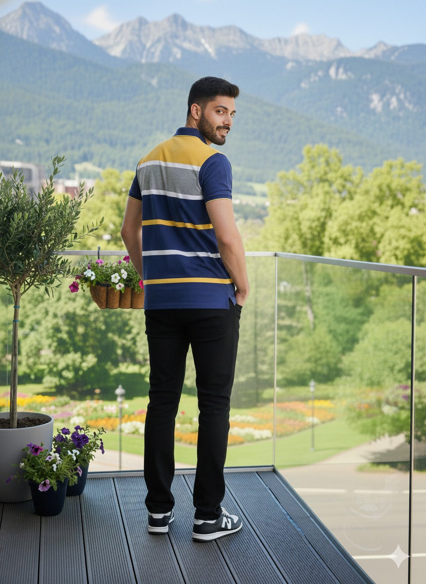 Men's Blue Yellow Striped Polo