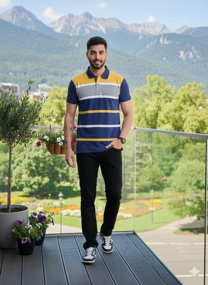 Men's Blue Yellow Striped Polo