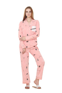 Cat Print Peach Color, Collar Nightwear With Contrast Pocket MX_CPS13