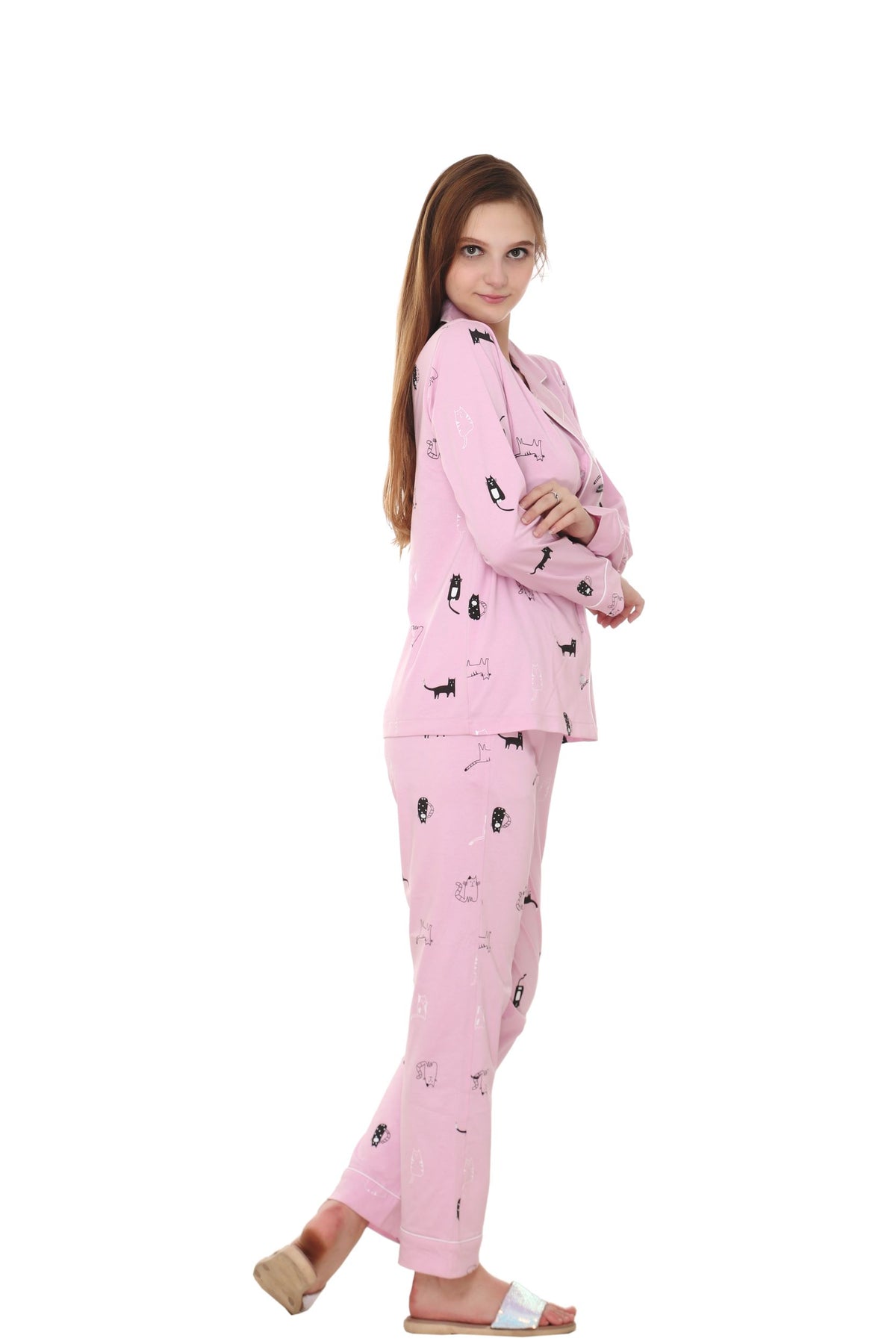 Cat Print Lavender Color, Collar Nightwear with Contrast Pocket MX_CPS13