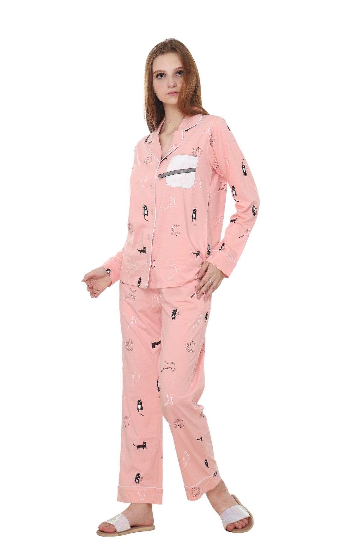 Cat Print Peach Color, Collar Nightwear With Contrast Pocket MX_CPS13