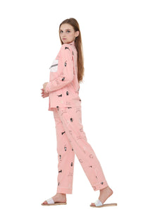 Cat Print Peach Color, Collar Nightwear With Contrast Pocket MX_CPS13