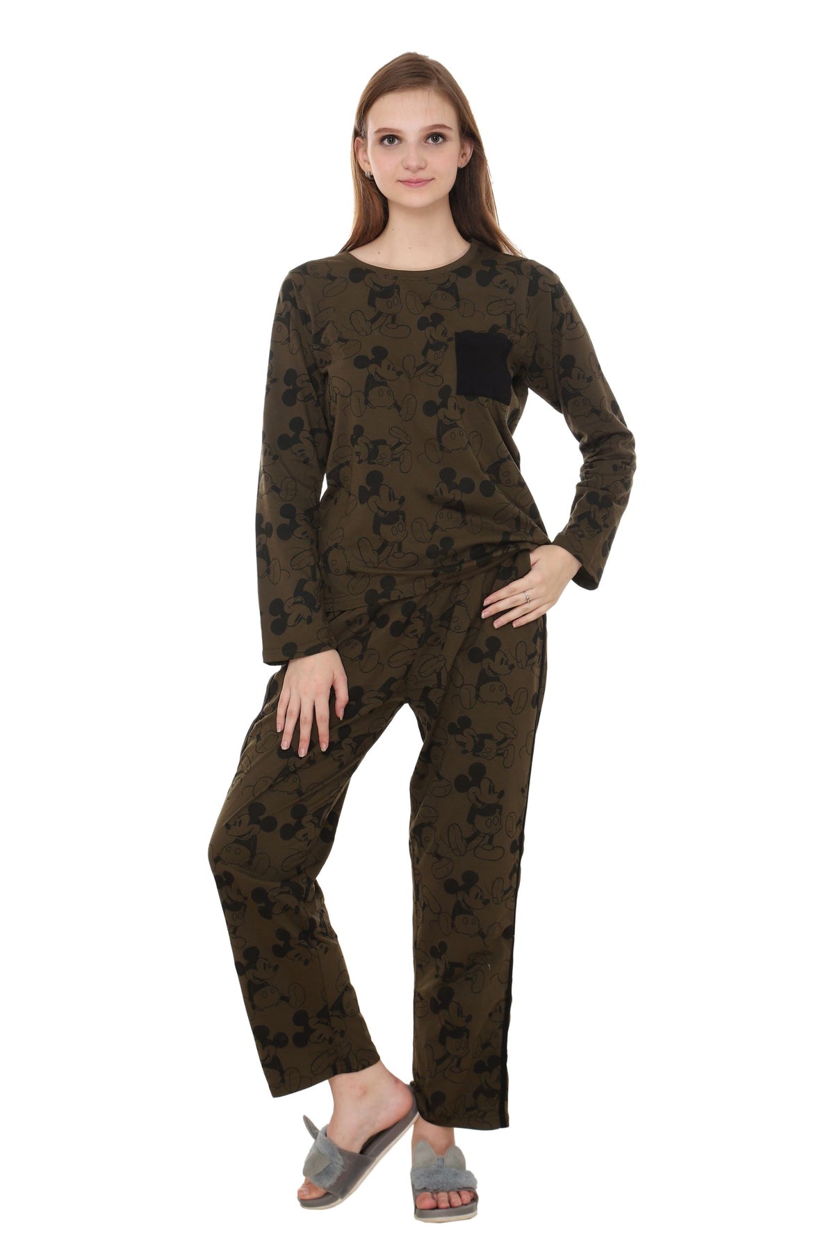 Olive Green with Black Mickey printed Nightwear Full Sleeve-Set MX_CBS09