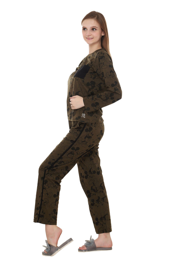 Olive Green with Black Mickey printed Nightwear Full Sleeve-Set MX_CBS09