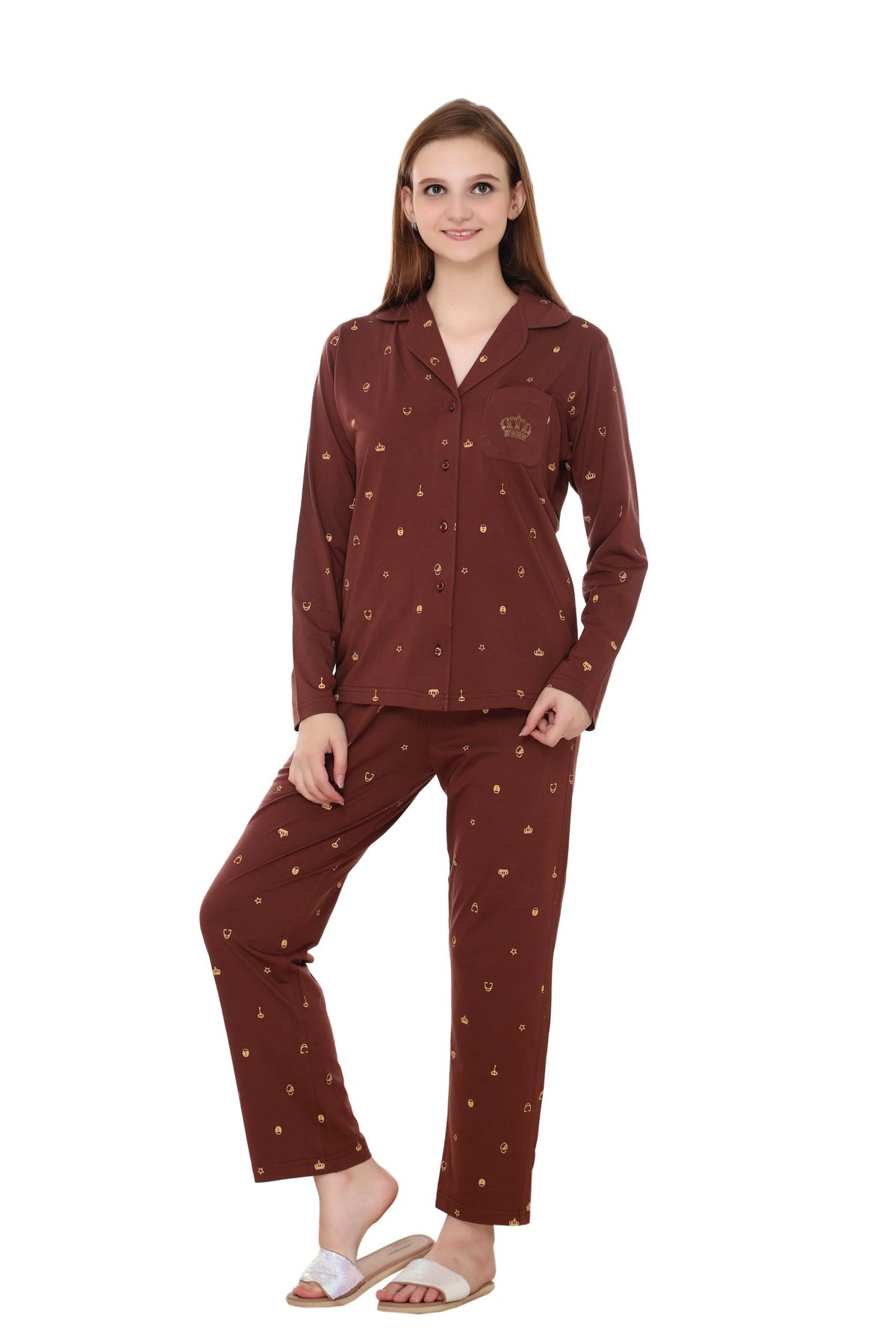 Brown Printed Collar Nightwear  with pocket MX_FOS31