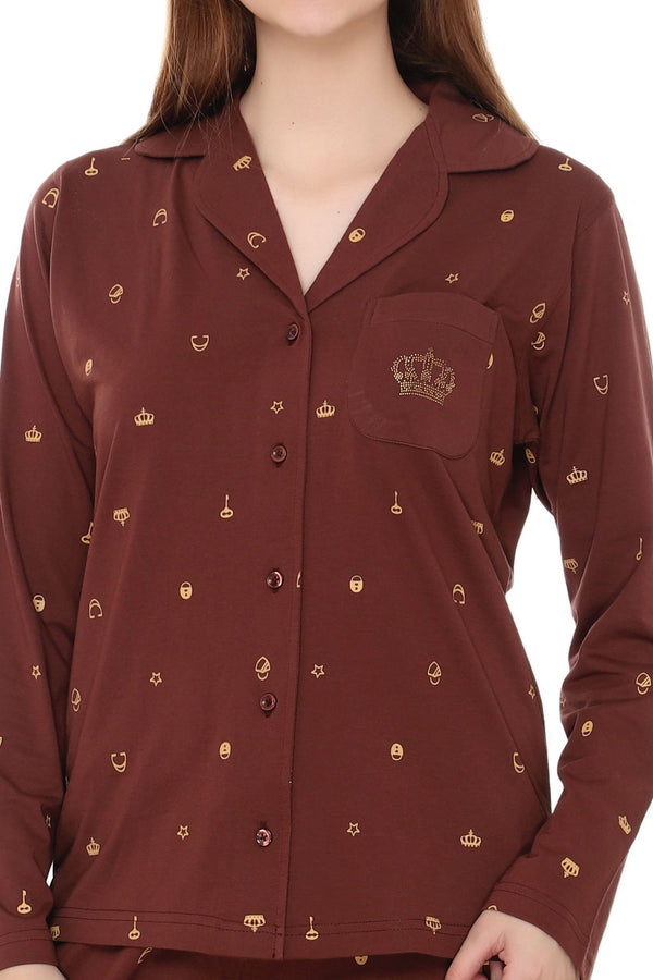 Brown Printed Collar Nightwear  with pocket MX_FOS31