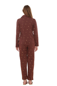 Brown Printed Collar Nightwear  with pocket MX_FOS31