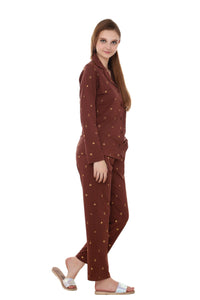 Brown Printed Collar Nightwear  with pocket MX_FOS31