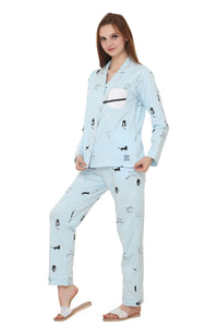 Cat Print, Sky Blue Color, Collar Nightwear With Contrast Pocket MX_CPS13