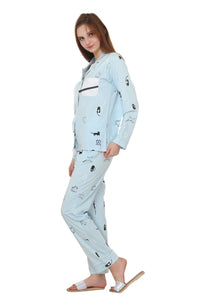 Cat Print, Sky Blue Color, Collar Nightwear With Contrast Pocket MX_CPS13